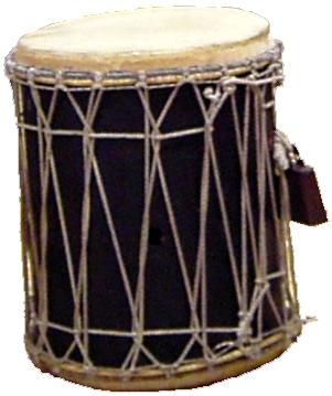 Bass drum made from wood, rope, and cowskin Bass drum made from wood, rope, and cowskin
