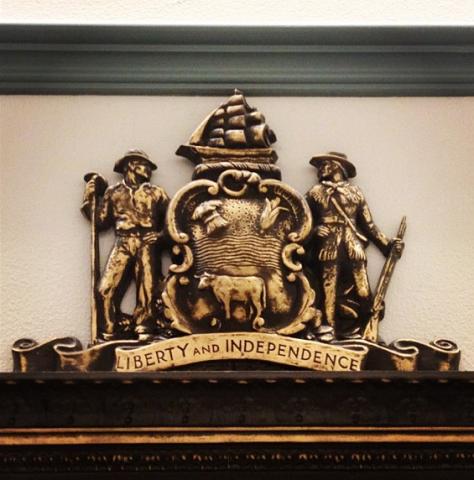 Delaware coat of arms Delaware coat of arms; located in the Delaware Legislative Hall