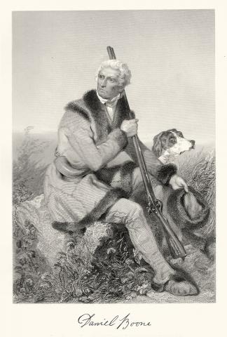Elderly Daniel Boone hunting with long rifle Engraving of elderly Daniel Boone with long rifle