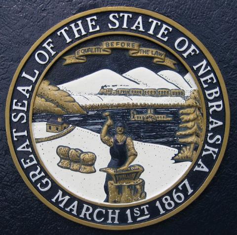 Engraving of Nebraska seal on historic marker