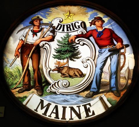 Maine coat of arms in stained glass Maine coat of arms in stained glass
