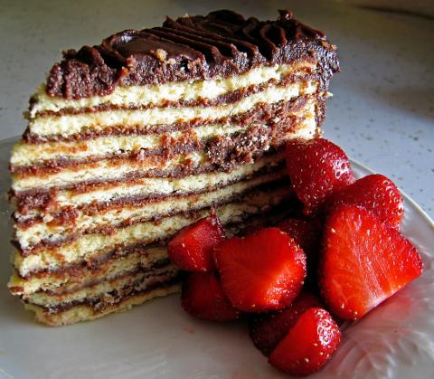 Smith Island cake served with organic strawberries