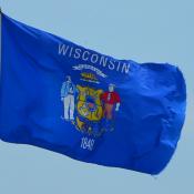 Wisconsin state flag flying in the breeze
