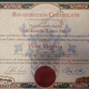 Scottish Tartan Authority certificate for West Virginia state tartan